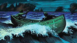 front cover image of The Book of Dust, two figures rowing in a boat over rough seas in the dark